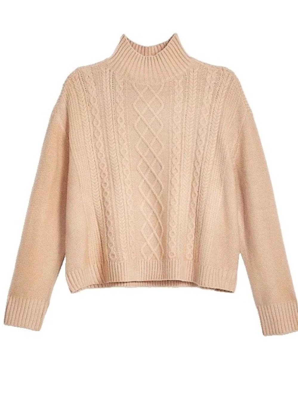 Ann Taylor Loft Turtleneck Cable Wool Blend Sweater Oversized Boxy Camel Tan Med